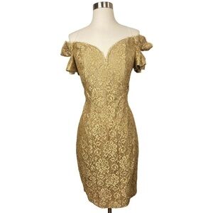 Vintage 90’s Gold Lace‎ Off the Shoulders Prom Formal Mini Knee Length Dress M